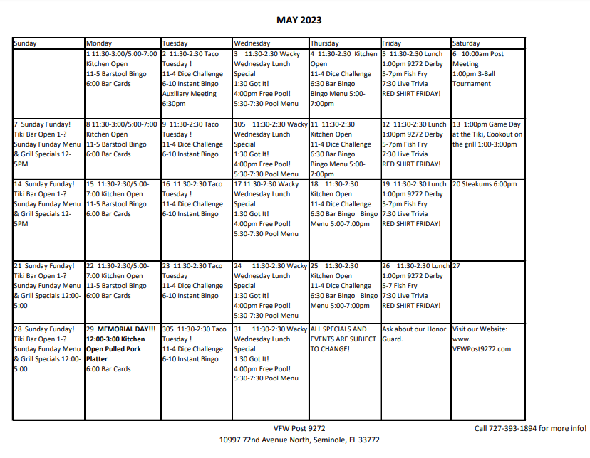 Calendar | VFW Post 9272 Seminole FL